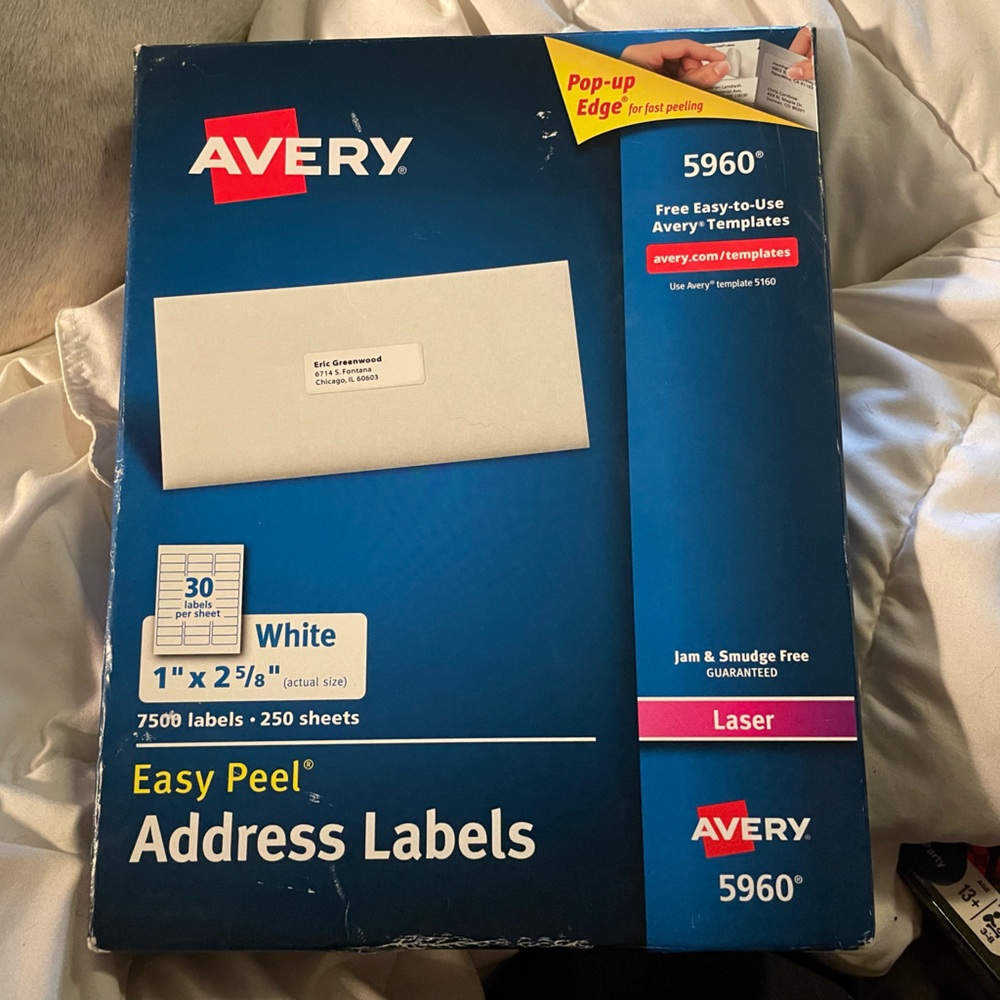 NEW Avery 5960 Address Labels Easy Peel for Laser Printers 7,500 Labels